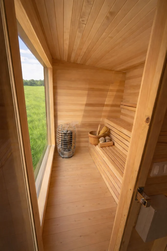 Boazeria i ławki lipowe w saunie Prestige od Tiny House Design